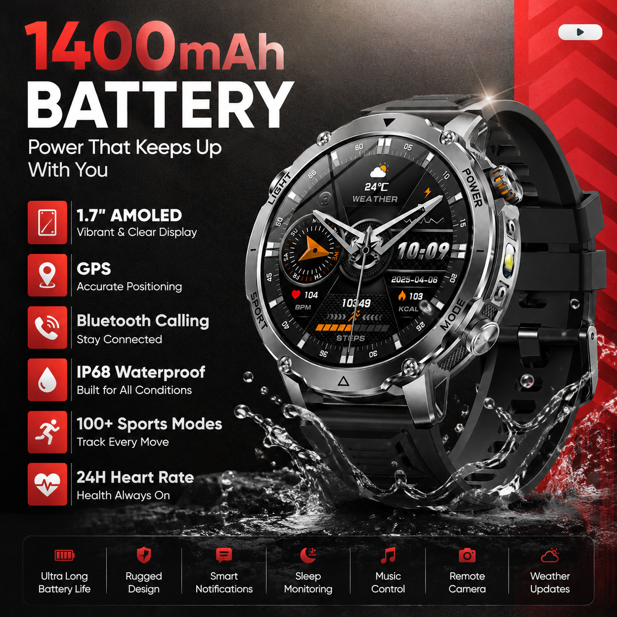 Outdoor Rug Waterproof - 2026 New 1400mAh Big Battery Smartwatch