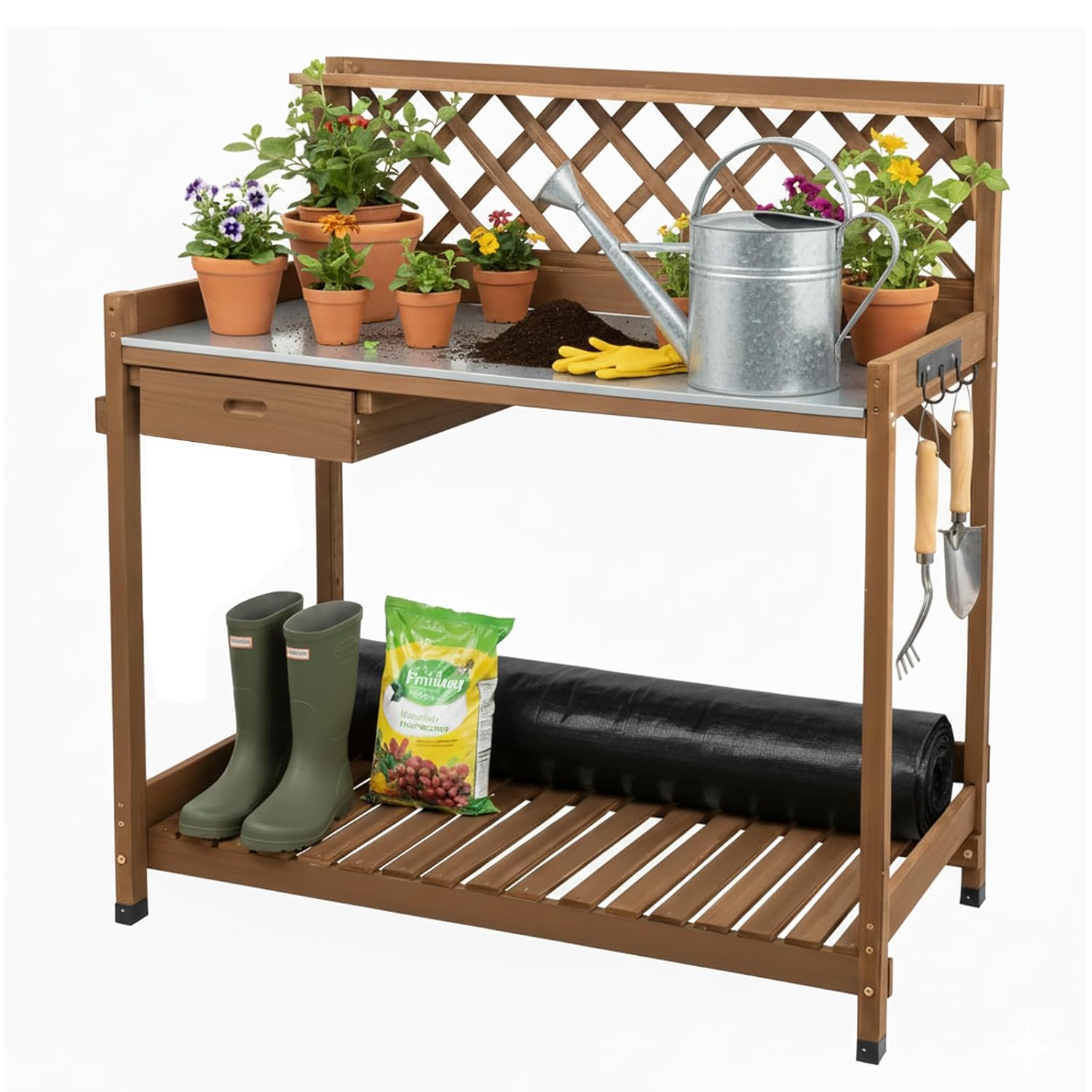 Garden Bench Metal - Natural Wood Potting Bench with Drawer